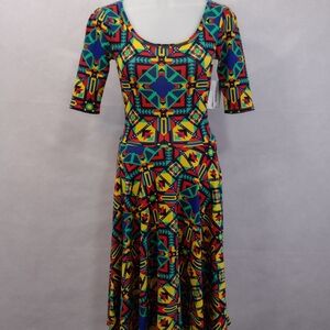 LuLaRoe Vibrant Geometric Midi Nicole Dress NWT Women's XXS